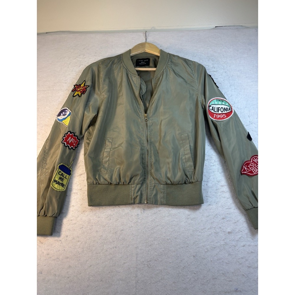 Love Tree Green Zip Front Satin Bomber Jacket Green w/Sleeve Patches Womens M